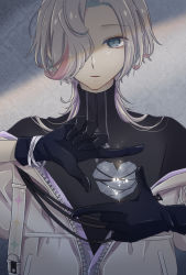 Rule 34 | 1boy, aqua hair, black gloves, black shirt, blue eyes, bracelet, finger frame, gloves, grey background, grey hair, grey jacket, hair over one eye, heart-shaped hole, highres, hole in chest, hole on body, holostars, jacket, jewelry, keishi (trap), light particles, looking at viewer, male focus, medium hair, multicolored hair, off shoulder, parted lips, pink hair, shirt, solo, sparkle print, straight-on, streaked hair, turtleneck, upper body, utsugi uyu, virtual youtuber, wallpaper (object), zipper