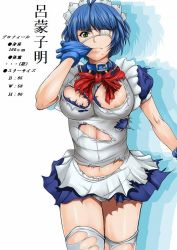 Rule 34 | 00s, 1girl, antenna hair, apron, blue hair, cholesenel, eyepatch, ikkitousen, measurements, mole, nipple slip, nipples, ryomou shimei, solo, standing, thighhighs, torn clothes, torn thighhighs, white thighhighs