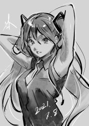 Rule 34 | 1girl, adochansukisuki, armpits, arms up, breasts, cleavage, commentary, dated, greyscale, hair between eyes, hatsune miku, highres, long hair, looking at viewer, making-of available, monochrome, parted lips, simple background, small breasts, solo, twintails, vocaloid