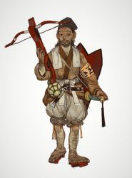 Rule 34 | 1boy, beard, black hair, bow (weapon), crossbow, earrings, facial hair, geta, hat, highres, holding, holding crossbow, holding weapon, jewelry, katana, long hair, looking at viewer, male focus, mossacannibalis, original, parted lips, puffy shorts, shield, shorts, simple background, solo, sword, tassel, weapon, white background