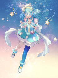 Rule 34 | 1girl, :d, blue choker, blue eyes, blue hair, blue thighhighs, brooch, bubble skirt, choker, clenched hands, collarbone, cure milky, earrings, full body, hagoromo lala, highres, jewelry, looking at viewer, magical girl, open mouth, pointy ears, precure, short hair, single thighhigh, skirt, smile, solo, star-shaped pupils, star (symbol), star earrings, star twinkle precure, symbol-shaped pupils, thighhighs, tukune