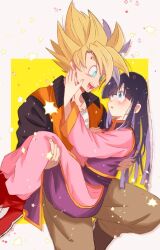 Rule 34 | black hair, blonde hair, blush, carrying, carrying person, chi-chi (dragon ball), couple, dragon ball, embarrassed, green eyes, happy, husband and wife, long hair, muscular, muscular male, princess carry, smile, son goku, sparkle, super saiyan, tagme, touching another&#039;s face