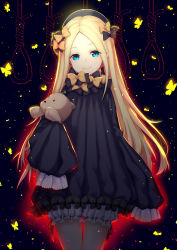 Rule 34 | 1girl, abigail williams (fate), absurdres, black background, black bow, black dress, black hat, blonde hair, bloomers, blue eyes, bow, bug, butterfly, closed mouth, commentary request, dress, fate/grand order, fate (series), forehead, glowing, hair bow, hands in opposite sleeves, hat, head tilt, highres, hugging object, insect, jie (530940004), long hair, long sleeves, looking at viewer, noose, orange bow, parted bangs, polka dot, polka dot bow, smile, solo, stuffed animal, stuffed toy, teddy bear, underwear, very long hair, white bloomers