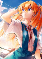 Rule 34 | 1girl, bad id, bad pixiv id, blouse, blue eyes, blue skirt, blue sky, building, chain-link fence, closed mouth, cloud, commentary request, day, fence, hair between eyes, highres, long hair, looking up, neon genesis evangelion, orange hair, outdoors, red neckwear, red ribbon, ribbon, school uniform, shirt, short sleeves, skirt, sky, solo, souryuu asuka langley, sunlight, suspender skirt, suspenders, tokyo-3 middle school uniform, utayoi (umakatare), white shirt
