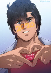 Rule 34 | 1boy, 2020, absurdres, black eyes, black hair, blue jacket, body writing, city hunter, english text, fingernails, from below, gradient background, grin, hair between eyes, heart, heart hands, highres, jacket, looking at viewer, male focus, red shirt, saeba ryou, shirt, short hair, smile, solo, thank you, twitter username, upper body, yuu (masarunomori)