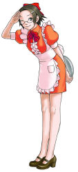 Rule 34 | 1girl, ace attorney, apron, bow, brown hair, capcom, full body, glasses, hair bow, legs, maggey byrde, mary janes, official art, one eye closed, phoenix wright: ace attorney - trials and tribulations, plate, salute, shoes, short hair, simple background, solo, waitress, white background, wink