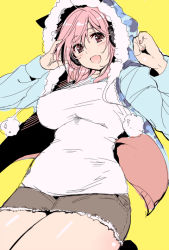 Rule 34 | 1girl, blush, breasts, cowboy shot, headphones, hood, large breasts, looking at viewer, nitroplus, open mouth, pink eyes, pink hair, simple background, smile, solo, spanking momoko, super sonico, yellow background