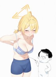 Rule 34 | 1boy, 1girl, :q, absurdres, ahoge, anger vein, arms behind back, poking belly, blonde hair, blue archive, blue bra, blue shorts, blush, bra, breasts, cleavage, closed eyes, collarbone, commentary request, cowboy shot, dot nose, film grain, hair between eyes, halo, highres, kotori (blue archive), kotori (cheer squad) (blue archive), large breasts, long hair, navel, parted lips, pointer, rikuhito juusan, sensei (blue archive), short hair, short twintails, shorts, simple background, sweat, tearing up, thick thighs, thighs, tongue, tongue out, triangle halo, twintails, underwear, white background, yellow halo
