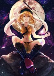 Rule 34 | 1girl, adapted costume, animal ears, arm up, black footwear, black hat, black nails, black necktie, blonde hair, boots, collared shirt, crescent, crop top, fingernails, floppy ears, full body, full moon, hair between eyes, hat, highres, holding, kyogoku-uru, long fingernails, midriff, moon, mouth hold, nail polish, navel, navel piercing, necktie, nose, piercing, rabbit ears, red eyes, red ribbon, ribbon, ringo (touhou), rock, shirt, shoe soles, short shorts, short sleeves, shorts, sitting, solo, toothpick, touhou, whip, white shirt, wing collar, wrist cuffs, yellow shorts