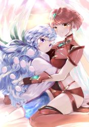 Rule 34 | 2girls, absurdres, blue hair, breasts, chest jewel, dress, earrings, fingerless gloves, flower, gem, gloves, highres, hug, jewelry, large breasts, lily of the valley, long hair, looking at viewer, multiple girls, nintendo, orange hair, purple eyes, pyra (xenoblade), red hair, red legwear, red shorts, risumi (taka-fallcherryblossom), short hair, short shorts, shorts, sitting, smile, swept bangs, thighhighs, tiara, ursula (xenoblade), wariza, xenoblade chronicles (series), xenoblade chronicles 2