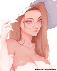 Rule 34 | 1girl, absurdres, adjusting clothes, adjusting headwear, artist name, blending, bloom, blue eyes, breasts, chain, chain necklace, cleavage, collarbone, commentary, earrings, english commentary, glasses, halftone texture, hat, highres, hoop earrings, jewelry, light brown hair, light smile, long hair, looking at viewer, medium breasts, meiniianos, multiple necklaces, necklace, nude, original, out-of-frame censoring, patreon username, round eyewear, shade, solo, sun hat, upper body, white background, white hat
