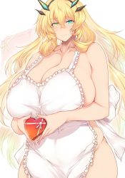 Rule 34 | 1girl, apron, aqua eyes, bare shoulders, blonde hair, blush, box, breasts, cleavage, collarbone, curvy, barghest (fate), fate/grand order, fate (series), frilled apron, frills, gift, gift box, green eyes, heart-shaped box, heterochromia, highres, horns, huge breasts, long hair, looking at viewer, naked apron, sideboob, smile, solo, thick thighs, thighs, tsukasawa takamatsu, white apron, wide hips