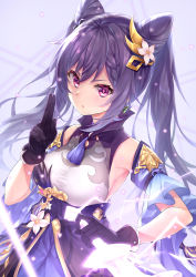 1girl, bangs, bare shoulders, breasts, collared dress, commentary request, detached sleeves, diamond-shaped pupils, diamond (shape), dress, earrings, eyebrows visible through hair, flower, genshin impact, gloves, glowing, glowing sword, glowing weapon, hair cones, hair flower, hair ornament, hand up, henacho, highres, holding, holding sword, holding weapon, jewelry, keqing (genshin impact), large breasts, long hair, looking at viewer, purple dress, purple eyes, purple gloves, purple hair, short sleeves, sidelocks, sleeveless, sleeveless dress, solo, sword, symbol-shaped pupils, twintails, weapon