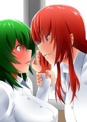Rule 34 | 2girls, blue eyes, breasts, contemporary, dress shirt, eye contact, face-to-face, female focus, green hair, holding another&#039;s wrist, hong meiling, kazami yuuka, large breasts, long hair, looking at another, mattari yufi, multiple girls, red eyes, red hair, role reversal, shirt, short hair, touhou, you gonna get raped