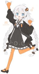 Rule 34 | 1girl, 2019, ahoge, black coat, black dress, blue eyes, blush stickers, braid, coat, commentary, dated, dress, elbow gloves, fang, fingerless gloves, full body, gloves, hair ornament, hands up, kizuna akari, lace, lace-trimmed dress, lace trim, leg up, long hair, looking at viewer, nattu bon, open mouth, orange pantyhose, pantyhose, running, silver hair, smile, solo, star (symbol), striped clothes, striped pantyhose, symbol-only commentary, thighhighs, twin braids, very long hair, vocaloid, voiceroid, white background, wristband