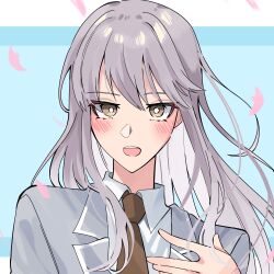 Rule 34 | 1girl, bang dream!, blue background, blush, bright pupils, brown eyes, brown necktie, collared shirt, commentary request, falling petals, grey hair, grey jacket, hand on own chest, haneoka school uniform, highres, jacket, long hair, looking at viewer, minato yukina, nanami (nunnun 0410), necktie, open mouth, petals, school uniform, shirt, solo, upper body, white background, white pupils, white shirt