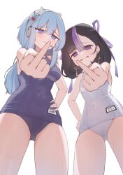 2girls absurdres black_hair blue_hair breasts earrings goddess_of_victory:_nikke hair_ornament headphones highres hummings3167 jewelry large_breasts light_blue_hair long_hair looking_at_viewer middle_finger mole mole_under_eye multiple_girls purple_eyes school_swimsuit shifty_(nikke) short_hair simple_background small_breasts swimsuit syuen_(nikke) thighs white_background white_headphones