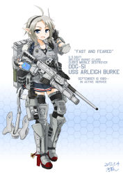Rule 34 | 1girl, ahoge, artist name, backpack, bad id, bad pixiv id, bag, blue eyes, boots, dakku (ogitsune), dated, destroyer, elbow pads, gloves, grey hair, gun, handgun, headset, holster, knee pads, mecha musume, military, military vehicle, original, personification, pistol, pointy ears, rifle, ship, signature, skirt, solo, thighhighs, warship, watercraft, weapon