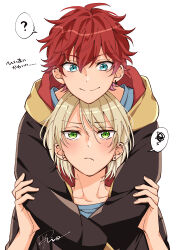 Rule 34 | 2boys, :/, ?, arms around neck, behind another, bishounen, blonde hair, blush, closed mouth, earrings, ensemble stars!, frown, furrowed brow, hair between eyes, hands on another&#039;s arms, highres, hood, hoodie, jewelry, layered clothes, male focus, multiple boys, red hair, riorrr, shirt, short hair, signature, simple background, single earring, smile, split mouth, spoken question mark, spoken squiggle, squiggle, straight-on, white background, yaoi