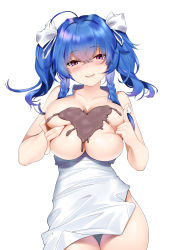 Rule 34 | 1girl, absurdres, ahoge, azur lane, blue hair, blush, braid, breasts, breasts squeezed together, china dress, chinese clothes, chocolate, chocolate on body, chocolate on breasts, dress, food on body, hair ribbon, highres, index finger raised, kong lang (skywave), large breasts, long hair, looking at viewer, open mouth, purple eyes, ribbon, shaded face, simple background, smile, solo, st. louis (azur lane), st. louis (blue and white pottery) (azur lane), twin braids, twintails, white background