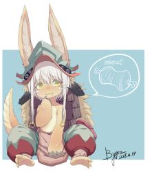 Rule 34 | 1girl, :3, animal ears, barefoot, blush, chen yang yang, closed mouth, dated, furry, furry female, highres, long hair, looking at viewer, made in abyss, nanachi (made in abyss), rabbit ears, saliva, signature, sitting, smile, solo, speech bubble, tail, white hair, yellow eyes