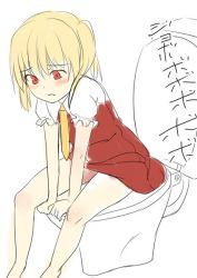 Rule 34 | 1girl, artist request, barefoot, blonde hair, blush, dress, flandre scarlet, long hair, looking down, neckerchief, necktie, open mouth, peeing, ponytail, puffy sleeves, red dress, red eyes, shirt, short sleeves, side ponytail, sitting, solo, toilet, touhou, white background, white shirt, yellow neckerchief