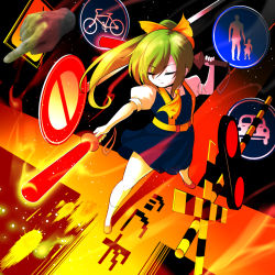 Rule 34 | 1girl, blue dress, bow, closed eyes, cookie (touhou), daiyousei, dress, green hair, hair bow, high-visibility vest, index finger raised, pinafore dress, pointing, ponytail, puffy sleeves, railroad signal, road sign, shirt, short sleeves, sign, sleeveless dress, socks, solo, touhou, warugaki (sk-ii), white shirt, white socks, yellow bow