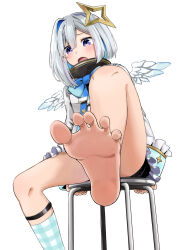 Rule 34 | 1girl, amane kanata, amane kanata (1st costume), angel wings, aqua socks, asymmetrical hair, barefoot, black shorts, blue bow, blue bowtie, blue hair, blush, bow, bowtie, chair, colored inner hair, commentary request, feathered wings, feet, foot focus, foot out of frame, foot up, foreshortening, frilled skirt, frills, grey hair, hair between eyes, halo, highres, hololive, knee up, legs, long sleeves, looking at viewer, medium hair, mini wings, miniskirt, multicolored hair, open mouth, pink hair, plaid socks, shorts, shorts under skirt, simple background, single bare leg, single hair intake, sitting, skirt, socks, soles, solo, spread toes, star halo, streaked hair, thighs, toe scrunch, toenails, toes, virtual youtuber, watanabe masafumi (masafumi 127), white background, wings