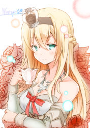 Rule 34 | 10s, 1girl, absurdres, bare shoulders, blonde hair, blue eyes, braid, crown, cup, dress, flower, french braid, hair between eyes, hairband, highres, jewelry, kantai collection, long hair, necklace, off shoulder, rose, shibakame, shibakame (917narto8537), smile, solo, teacup, warspite (kancolle), white dress