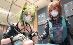 Rule 34 | 1other, 2girls, ambiguous gender, amiya (arknights), animal ears, arknights, ascot, bare shoulders, black coat, blue choker, blue eyes, brown hair, cat ears, ceiling light, choker, clothes writing, coat, dentist, gloves, green eyes, green hair, highres, indoors, kal&#039;tsit (arknights), long sleeves, mask, material growth, mouth mask, multiple girls, open clothes, open coat, oripathy lesion (arknights), poster (object), purple ascot, rabbit ears, shirt, signature, striped clothes, striped shirt, upper body, v-shaped eyebrows, vertical-striped clothes, vertical-striped shirt, welt (kinsei koutenkyoku), white gloves, white shirt, wristband