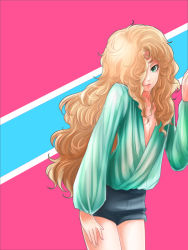 Rule 34 | 1boy, androgynous, bare legs, blonde hair, blue background, collarbone, cowboy shot, curly hair, eyelashes, green eyes, hair over one eye, lips, long hair, male focus, maraich juschenfe, nyu, patalliro!, pink background, see-through, short shorts, shorts, simple background, solo, v-neck