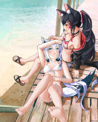 Rule 34 | 2girls, absurdres, animal ear fluff, animal ears, beach, bikini, black hair, blush, braid, breasts, bridal garter, commentary request, day, fox ears, fox girl, fox tail, gin e12, green eyes, hair between eyes, highres, hololive, lap pillow, leaf print, legs up, long hair, looking at another, lying, maple leaf print, multicolored hair, multiple girls, ocean, on back, ookami mio, ookami mio (hololive summer 2019), open mouth, ponytail, red hair, sandals, shirakami fubuki, sidelocks, single braid, sitting, small breasts, streaked hair, swimsuit, tail, virtual youtuber, white bikini, white hair, wolf ears, wolf girl, wolf tail, yellow eyes