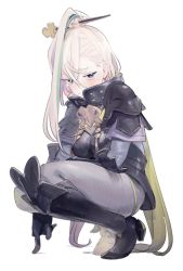 Rule 34 | 1girl, armor, armored boots, blush, bodysuit, boots, breastplate, breasts, fate/grand order, fate (series), gauntlets, green hair, grey bodysuit, grey eyes, hair between eyes, hair ornament, hairpin, high collar, highres, huyan zhuo (fate), huyan zhuo (second ascension) (fate), large breasts, long hair, looking at viewer, multicolored hair, pauldrons, shoulder armor, solo, squatting, streaked hair, thighs, urayamashiro (artist), very long hair, white hair