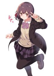 Rule 34 | 1girl, absurdres, black jacket, black pantyhose, blazer, blush, bow, bowtie, brown footwear, cardigan, closed mouth, collared shirt, commentary request, foot out of frame, hand up, highres, idolmaster, idolmaster shiny colors, inui/byte, jacket, long sleeves, looking at viewer, morino rinze, open clothes, open jacket, pantyhose, pink bow, pink bowtie, plaid, plaid skirt, pleated skirt, purple skirt, red eyes, school uniform, shirt, short hair, simple background, skirt, solo, standing, standing on one leg, star-shaped pupils, star (symbol), striped bow, symbol-shaped pupils, v, vertical-striped bow, white background