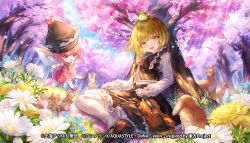 Rule 34 | 1girl, 2girls, animal, animal on head, bird, bird on head, black footwear, black headwear, black skirt, black vest, blonde hair, breasts, caperata (towahuyu), cherry blossoms, copyright notice, daiyousei mob (touhou), deer, fairy wings, flower, frilled skirt, frills, head tilt, holding, holding instrument, holding violin, instrument, long sleeves, looking at viewer, lunasa prismriver, mary janes, multiple girls, official art, on head, open mouth, outdoors, pantyhose, petals, rabbit, red button, shirt, shoes, short hair, sitting, skirt, small breasts, squirrel, touhou, touhou danmaku kagura, translation request, tree, unworn headwear, vest, violin, wariza, white flower, white pantyhose, white shirt, wings, yellow eyes, yellow flower
