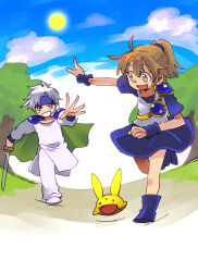 Rule 34 | 1boy, 1girl, 1other, arle nadja, blue footwear, blue skirt, boots, brown hair, cape, carbuncle (puyopuyo), green cape, holding, holding sword, holding weapon, looking at another, madou monogatari, open mouth, panotaso, ponytail, puyopuyo, running, schezo wegey, shirt, short hair, skirt, sky, sword, tree, weapon, white hair, white shirt, yellow eyes