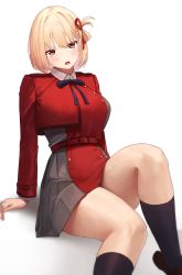 Rule 34 | 1girl, absurdres, blonde hair, blush, breasts, dress, grey dress, hair ribbon, highres, large breasts, long sleeves, looking at viewer, lycoris recoil, matsukan (dug pile), nishikigi chisato, open mouth, pleated dress, red dress, red eyes, red ribbon, ribbon, short hair, simple background, solo, thighs, two-tone dress, white background