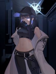 Rule 34 | 1girl, absurdres, bare shoulders, baseball cap, belt, black belt, black gloves, black hair, black hat, black pants, black shirt, blue archive, blue eyes, blue hair, coat, colored inner hair, commentary, cowboy shot, crop top, gloves, hat, highres, leggings, long hair, looking at viewer, midriff, multicolored hair, navel, off shoulder, open clothes, open coat, osorii, pants, saori (blue archive), shirt, sleeveless, sleeveless shirt, solo, standing, stomach, white coat