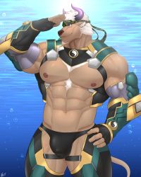 Rule 34 | 1boy, abs, absurdres, animal ears, bara, bare pectorals, bare shoulders, beach, black male swimwear, black swim briefs, bulge, camouflage, camouflage headwear, chest hair, chest harness, cow ears, cow horns, cowboy shot, crotchless, crotchless pants, furry, furry male, hand on own hip, hand up, harness, headband, highres, horns, keijimohumohu, large pectorals, looking to the side, male focus, male swimwear, minotaur, muscular, muscular male, navel, nipples, official alternate costume, pants, pectorals, purple eyes, purple horns, shennong (housamo), shennong (summer) (housamo), shirt, short hair, smile, solo, stomach, swim briefs, swimsuit, thick thighs, thighs, tokyo houkago summoners, underwater, white hair, yin yang, yin yang print