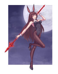 Rule 34 | 1girl, absurdres, animal ears, black pantyhose, breasts, brown hair, cleavage, detached collar, fake animal ears, fate/grand order, fate (series), full body, full moon, gae bolg (fate), highres, holding, holding polearm, holding spear, holding weapon, lance, large breasts, leebigtree, leotard, long hair, looking at viewer, moon, pantyhose, playboy bunny, polearm, rabbit ears, red eyes, scathach (fate), solo, spear, standing, standing on one leg, weapon, wrist cuffs