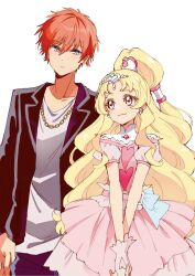 1boy 1girl black_jacket blonde_hair blue_eyes blue_pants chain chain_necklace closed_mouth cure_tomorrow dress earrings fingerless_gloves frown gloves harryham_harry highres hug-tan_(precure) hugtto!_precure jacket jewelry layered_dress long_hair long_sleeves looking_at_another medium_dress necklace one_side_up own_hands_together pants pink_dress pink_eyes pink_gloves precure red_hair shirako_love shirt short_hair short_sleeves simple_background smile standing stud_earrings v_arms white_background white_shirt