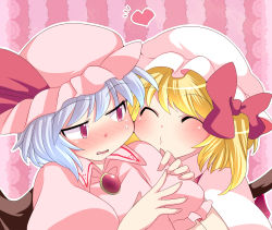 Rule 34 | 2girls, bad id, bad pixiv id, blonde hair, blue hair, blush, bow, closed eyes, female focus, flandre scarlet, hair bow, hammer (sunset beach), hat, hat ribbon, imminent kiss, multiple girls, open mouth, puffy sleeves, red eyes, remilia scarlet, ribbon, short sleeves, siblings, side ponytail, sisters, sweatdrop, touhou, wings
