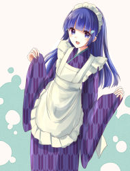 Rule 34 | 10s, 1girl, :d, absurdres, alternate costume, aoki reika, apron, bashamichi, blue eyes, blue hair, commentary request, enmaided, hair ornament, hairclip, highres, japanese clothes, kashiwagi chisame, kimono, long hair, long sleeves, looking at viewer, maid, maid apron, maid headdress, matching hair/eyes, open mouth, precure, smile, smile precure!, solo, unmoving pattern, very long hair, wa maid, wide sleeves, yagasuri