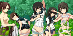 Rule 34 | 5girls, absurdres, arm behind head, ass, bar censor, bare shoulders, black eyes, black hair, black neckerchief, black ribbon, black skirt, blue one-piece swimsuit, blunt bangs, blurry, blurry foreground, breasts, brown eyes, brown hair, brown skirt, bush, butt crack, censored, cleft of venus, clothes lift, clothes pull, collarbone, commentary, day, depth of field, from behind, fubuki (kancolle), grin, hair ribbon, hatsuyuki (kancolle), hetare (hetare013), highres, holding, holding clothes, holding shirt, kantai collection, lifting own clothes, long hair, looking at another, looking back, miniskirt, miyuki (kancolle), multiple girls, neckerchief, nipples, no pants, old school swimsuit, one-piece swimsuit, one-piece swimsuit pull, outdoors, panties, panty pull, parted bangs, parted lips, plant, pleated skirt, ponytail, pulling own clothes, pussy, ribbon, school swimsuit, school uniform, serafuku, shikinami (kancolle), shirayuki (kancolle), shirt, shirt lift, unworn shirt, short hair, short ponytail, short sleeves, sidelocks, skirt, skirt lift, small breasts, smile, standing, sweatdrop, swimsuit, swimsuit under clothes, tank top, topless, tree, undershirt, underwear, undressing, white panties
