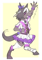 Rule 34 | 1girl, animal ears, bow, brown footwear, brown hair, ear bow, full body, furrification, furry, furry female, highres, horse ears, horse tail, jacket, multicolored hair, outside border, pleated skirt, purple bow, shoes, short hair, skirt, solo, tail, takatsuki nato, thighhighs, translated, two-tone hair, umamusume, waving, white hair, yellow background
