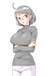 Rule 34 | 10s, 1girl, ahoge, black hair, breast hold, breasts, brown eyes, brown hair, crossed arms, glasses, grey hair, large breasts, minato (leap-up), parted lips, semi-rimless eyewear, servant x service, solo, sweater, turtleneck, under-rim eyewear, yamagami lucy