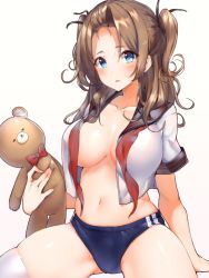 Rule 34 | 1girl, bangs pinned back, bear, blue eyes, breasts, brown hair, commentary request, cowboy shot, hair ribbon, hechi (hechi322), highres, holding, holding stuffed toy, large breasts, long hair, looking at viewer, navel, neck ribbon, no bra, open clothes, open shirt, original, parted lips, red neckwear, ribbon, sailor collar, school uniform, serafuku, short eyebrows, short sleeves, sitting, skindentation, solo, spread legs, stuffed animal, stuffed toy, teddy bear, thighhighs, thighs, two side up, undone neck ribbon, white thighhighs