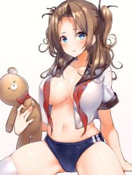 1girl bangs_pinned_back bear blue_eyes breasts brown_hair commentary_request cowboy_shot hair_ribbon hechi_(hechi322) highres holding holding_stuffed_toy large_breasts long_hair looking_at_viewer navel neck_ribbon no_bra open_clothes open_shirt original parted_lips red_neckwear ribbon sailor_collar school_uniform serafuku short_eyebrows short_sleeves sitting skindentation solo spread_legs stuffed_animal stuffed_toy teddy_bear thighhighs thighs two_side_up undone_neck_ribbon white_thighhighs