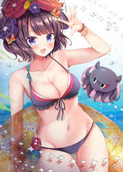 Rule 34 | 1girl, :d, arm up, bare shoulders, bikini, blue eyes, blush, breasts, brown hair, cleavage, collarbone, commentary request, fate/grand order, fate (series), flower, front-tie bikini top, front-tie top, gluteal fold, hair flower, hair ornament, halterneck, hand up, highres, innertube, japanese clothes, katsushika hokusai (fate), kimono, large breasts, looking at viewer, masayo (gin no ame), navel, octopus, open mouth, short hair, side-tie bikini bottom, smile, solo, swim ring, swimsuit