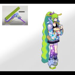 Rule 34 | 1girl, big swig roller (splatoon), blue eyes, crazy straw, cup, drinking straw, drinking straw in mouth, food, full body, glasses, green hair, heterochromia, highres, holding, holding cup, jacket, kneehighs, long hair, long sleeves, nintendo, open clothes, open jacket, personification, popcorn, purple socks, purple thighhighs, reference inset, round eyewear, sido (slipknot), signature, simple background, single kneehigh, single sock, single thighhigh, skirt, socks, solo, splatoon (series), standing, star (symbol), thighhighs, very long hair, yellow eyes